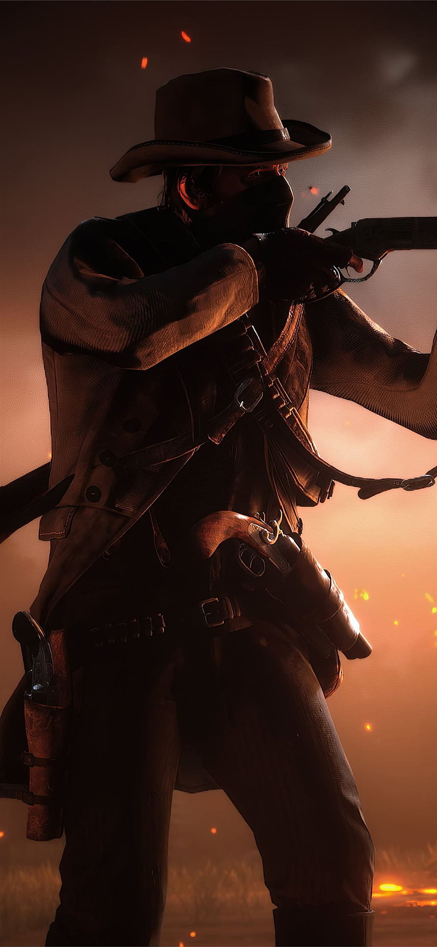 Red Dead Redemption 2 outlaw aiming rifle in fiery sunset with bandana and cowboy hat HD phone wallpaper