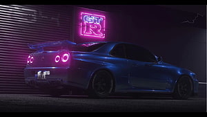 Blue Nissan Skyline R34 GT-R with neon pink taillights and glowing GT-R sign in a dark garage HD wallpaper