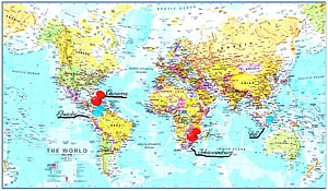 Colorful Political World Map With Travel Pins Marking Panama, Ecuador, Johannesburg, And Bali HD wallpaper