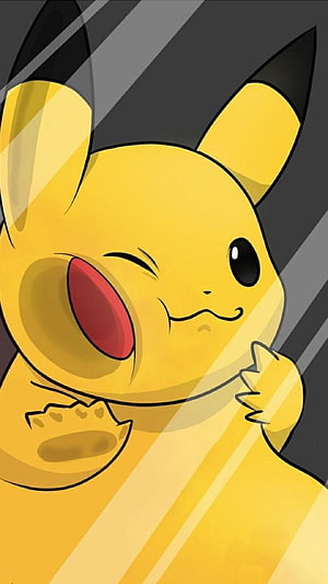 Pikachu Winking and Laughing with Red Cheeks on a Dark Diagonal Striped Background HD phone wallpaper