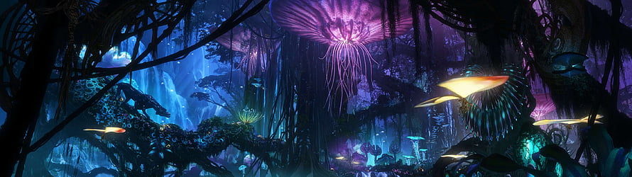 Bioluminescent Pandora Forest Scene from Avatar with Glowing Flora and Waterfall HD wallpaper