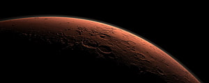 Crimson Planet Horizon with Cratered Surface in Deep Space HD wallpaper
