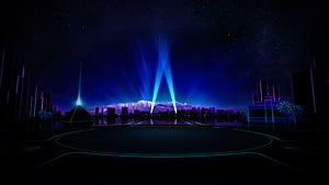 Neon Cyberpunk Cityscape with Laser Beams and Starry Night Sky HD wallpaper