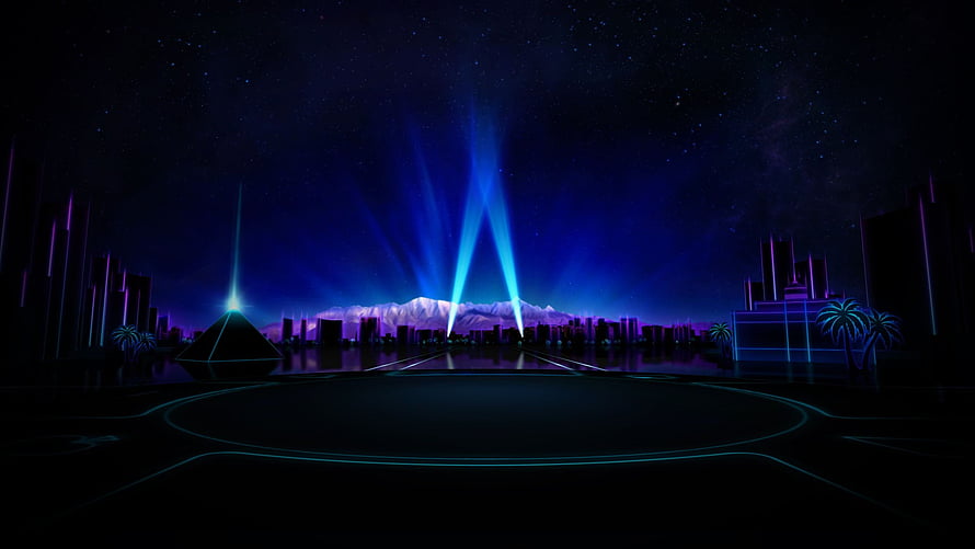 Neon Cyberpunk Cityscape with Laser Beams and Starry Night Sky HD wallpaper