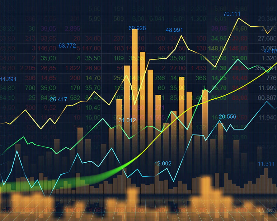 Dynamic Stock Market Chart with Candlestick Bars and Trend Lines on Dark Background HD wallpaper