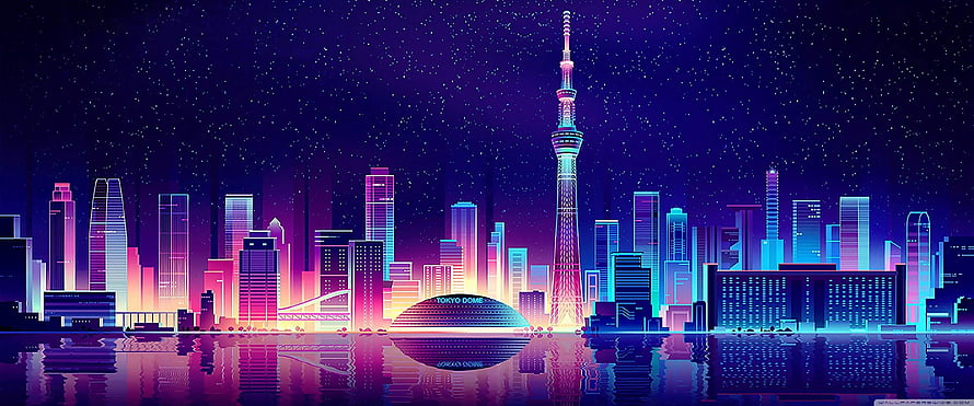Neon Tokyo Skyline with Tokyo Tower and Tokyo Dome Under a Starry Night Sky HD wallpaper