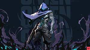 Omen from Valorant in dark hooded armor with glowing blue eyes and purple energy HD wallpaper
