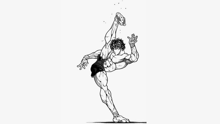 Baki Hanma Dynamic Martial Arts Pose Black and White Manga Illustration HD wallpaper
