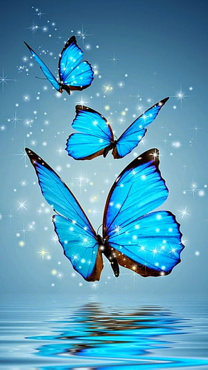 Three glowing blue morpho butterflies in flight above a calm water surface with sparkling starlight HD phone wallpaper