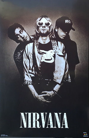 Nirvana Band Members in Black and White Studio Portrait with Distressed Typography HD phone wallpaper