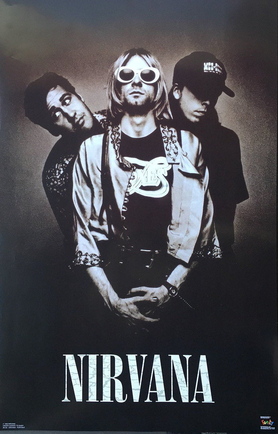 Nirvana Band Members in Black and White Studio Portrait with Distressed Typography HD phone wallpaper