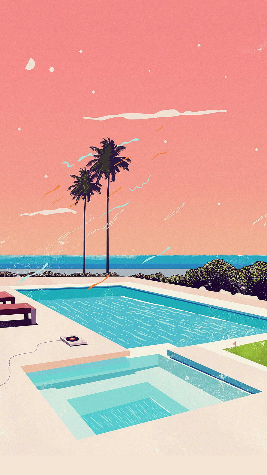 Hiroshi Nagai Tropical Poolside Illustration with Palm Trees and Retro Turntable HD phone wallpaper