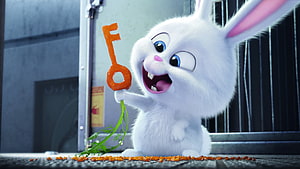 Snowball the White Bunny Holding a Carrot Key in The Secret Life of Pets HD wallpaper