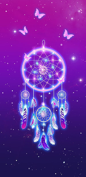 Glowing Dreamcatcher with Feathers and Butterflies in a Purple Galaxy HD phone wallpaper