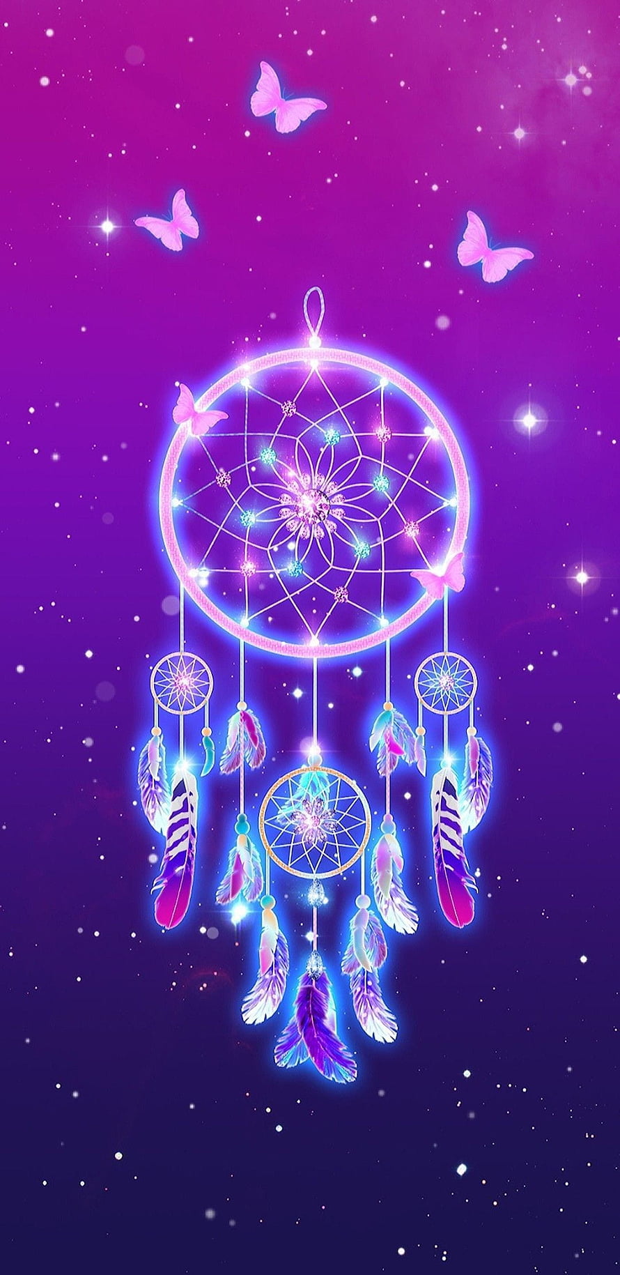 Glowing Dreamcatcher with Feathers and Butterflies in a Purple Galaxy HD phone wallpaper