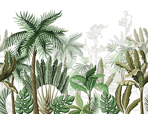 Tropical Jungle Illustration Featuring Palm Trees, Monstera, and Banana Leaves on White Background HD wallpaper