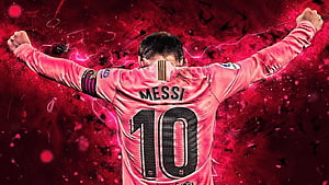 Lionel Messi Celebrating in Pink Jersey with Dramatic Red Background HD wallpaper