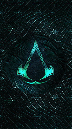 Assassin's Creed Valhalla Glowing Emblem on Dark Textured Surface HD phone wallpaper