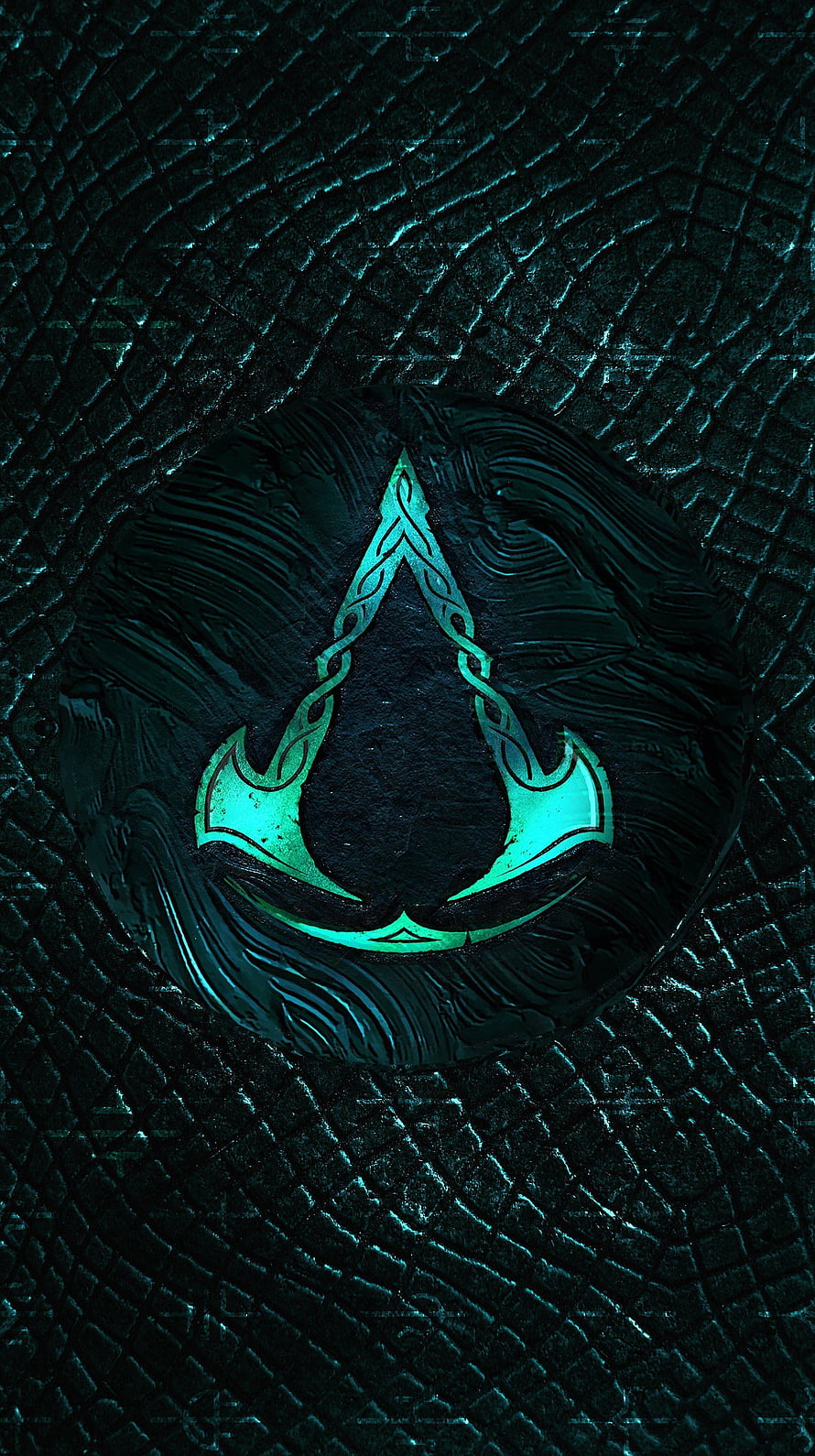 Assassin's Creed Valhalla Glowing Emblem on Dark Textured Surface HD phone wallpaper
