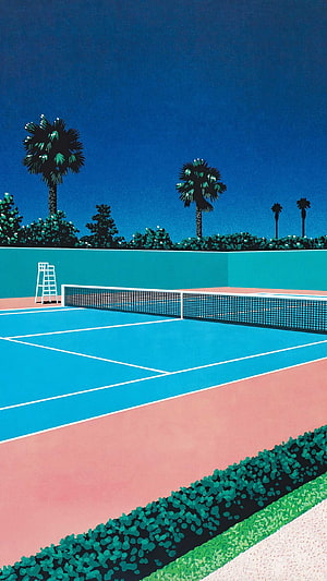 Hiroshi Nagai Tennis Court Illustration with Palm Trees and Vibrant Blue Sky HD phone wallpaper