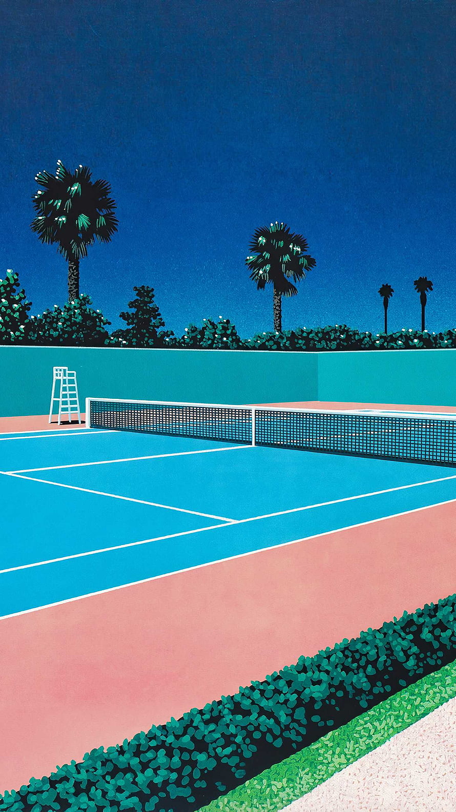 Hiroshi Nagai Tennis Court Illustration with Palm Trees and Vibrant Blue Sky HD phone wallpaper