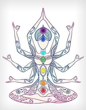 Mandala Style Seven Chakra Meditation Figure with Ornate Line Art and Vibrant Energy Centers HD phone wallpaper