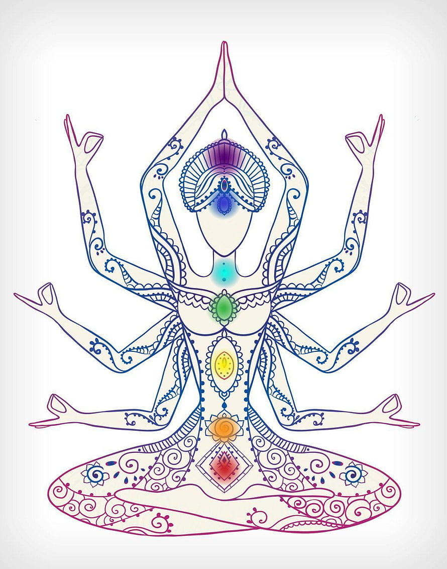 Mandala Style Seven Chakra Meditation Figure with Ornate Line Art and Vibrant Energy Centers HD phone wallpaper