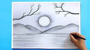 Pencil Sketch of a Serene Moonlit Landscape with Bare Tree Branches and Rolling Hills HD wallpaper