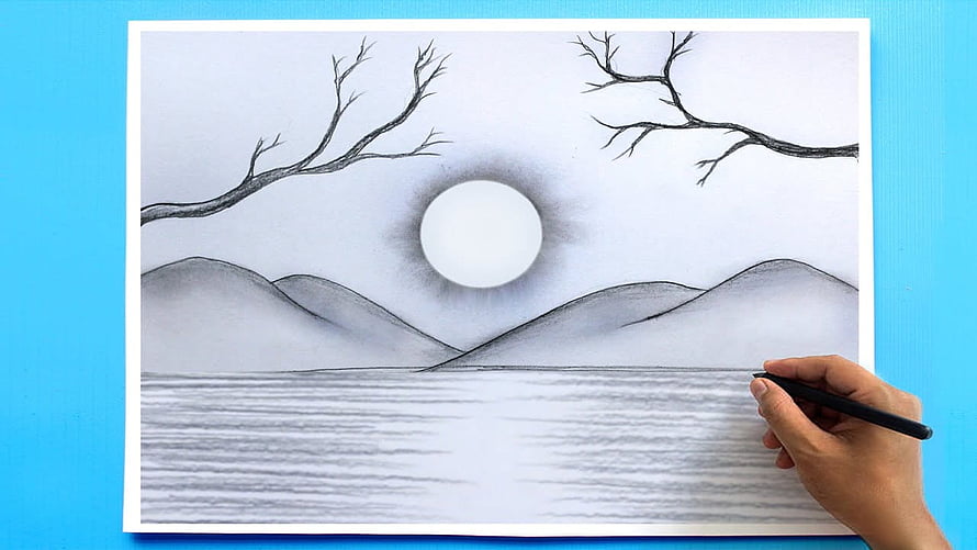 Pencil Sketch of a Serene Moonlit Landscape with Bare Tree Branches and Rolling Hills HD wallpaper