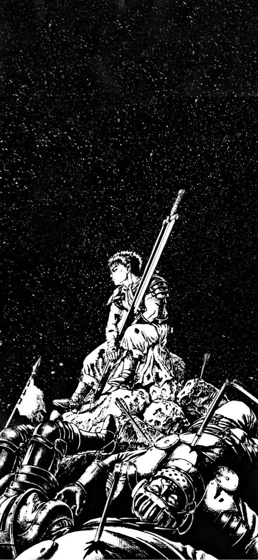 Guts from Berserk manga standing atop a pile of fallen armored soldiers under a starry night sky HD phone wallpaper