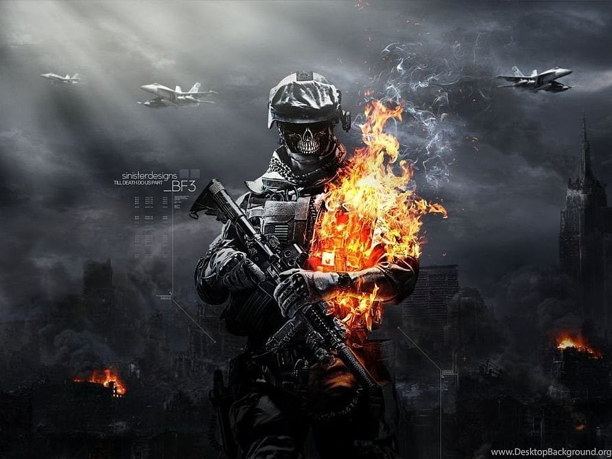 Battlfield 3 Soldier with Burning Arm and Skull Mask in War Zone HD wallpaper