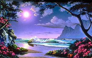 Tropical Beach Landscape with Waterfall, Pink Flowers, and Distant Mountains Under a Purple Sky HD wallpaper