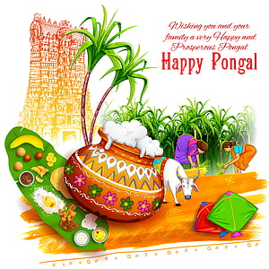 Traditional Pongal Festival Illustration Featuring Decorated Pot, Cow, and Temple HD phone wallpaper