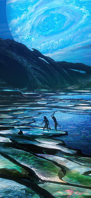 Avatar The Way of Water Concept Art Featuring Na'vi Figures in Bioluminescent Tidal Pools HD phone wallpaper
