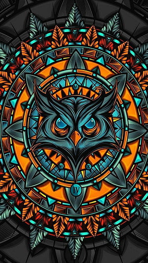 Stained Glass Style Owl Mandala with Intricate Geometric Patterns and Vibrant Colors HD phone wallpaper