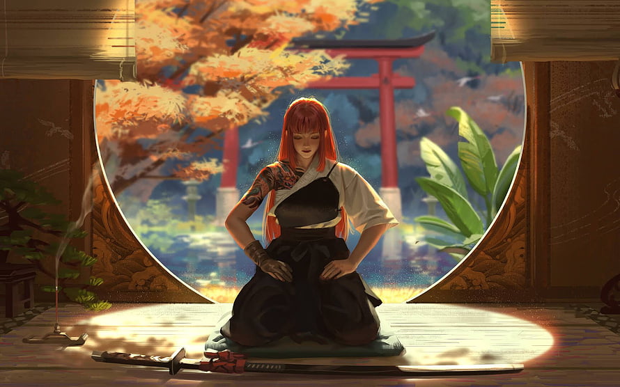 Red-Haired Samurai Woman Meditating in a Japanese Garden with Torii Gate HD wallpaper