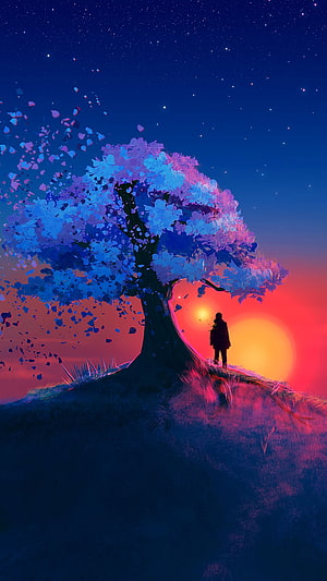 Lone Figure Under a Glowing Tree at Sunset in a Starry Night Sky HD phone wallpaper