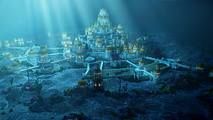 Atlantis Underwater City Fantasy Castle with Golden Domes and Sunbeams HD wallpaper