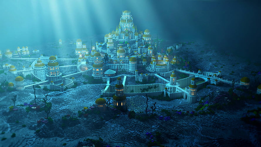 Atlantis Underwater City Fantasy Castle with Golden Domes and Sunbeams HD wallpaper