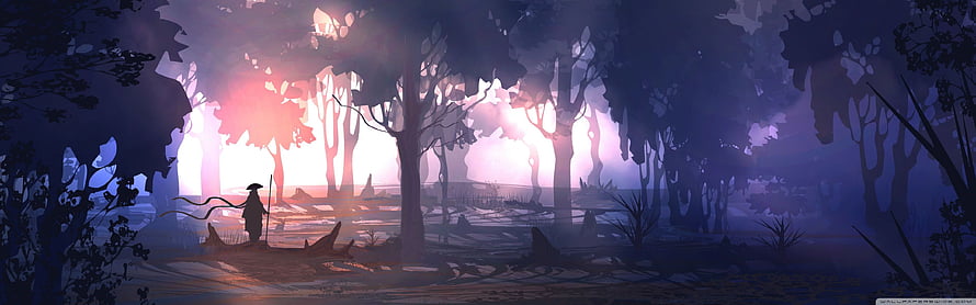 Mystical Forest Scene with Silhouetted Wanderer and Ethereal Sunset Glow HD wallpaper