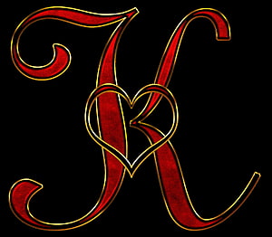 Elegant Red and Gold Calligraphic K Monogram with Heart Design on Black Background HD wallpaper