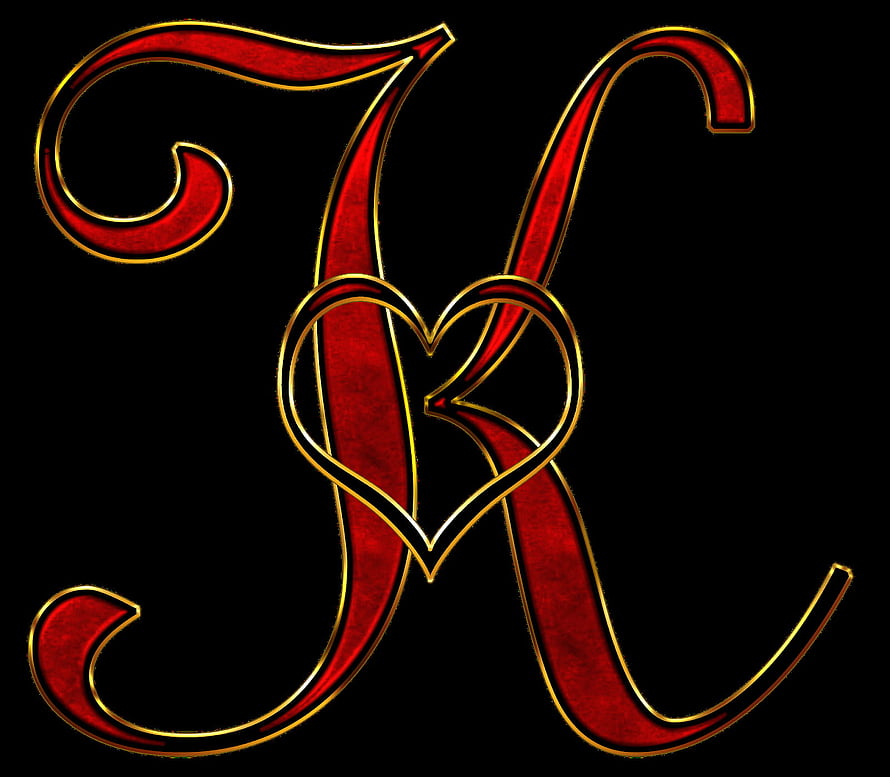 Elegant Red and Gold Calligraphic K Monogram with Heart Design on Black Background HD wallpaper