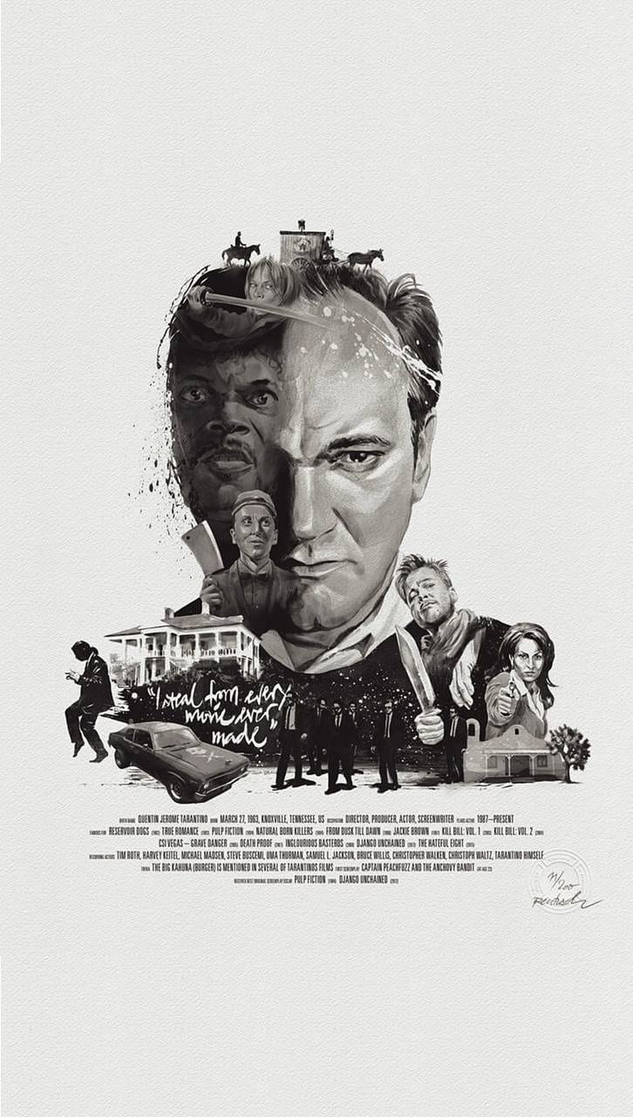 Quentin Tarantino Cinematic Portrait with Film Character Collage HD phone wallpaper
