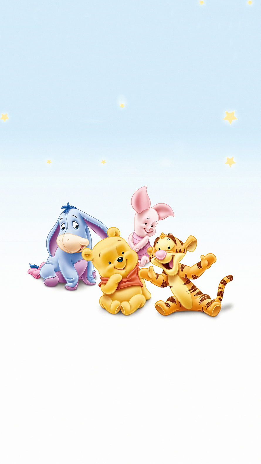 Winnie the Pooh, Tigger, Eeyore, and Piglet in a cheerful pastel illustration with soft stars HD phone wallpaper