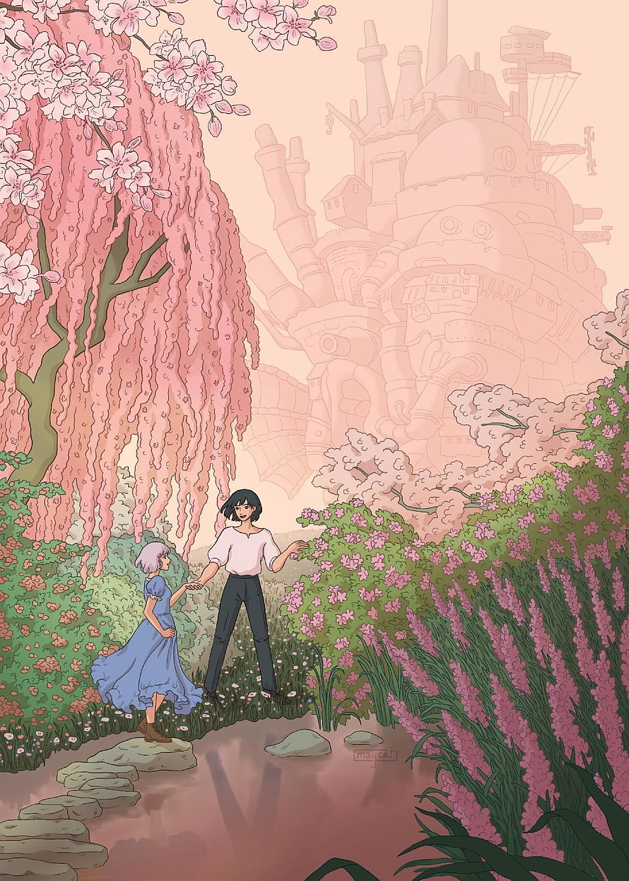 Howl's Moving Castle Springtime Garden Scene with Howl Pendragon and Sophie HD phone wallpaper