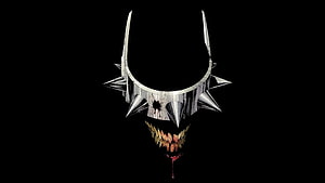 The Batman Who Laughs Spiked Metal Mask with Grinning Teeth and Blood Drip on Black Background HD wallpaper