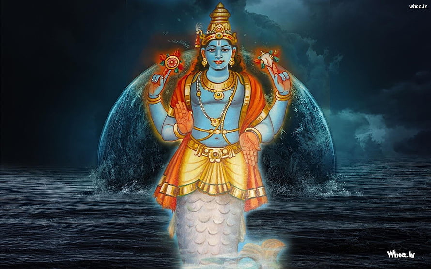 Lord Vishnu Matsya Avatar with Sudarshan Chakra in Ocean HD wallpaper