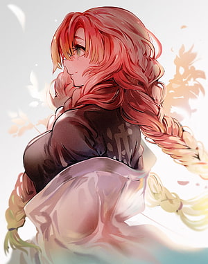 Kanroji Mitsuri Anime Character with Red Braided Hair and Soft Lighting HD phone wallpaper