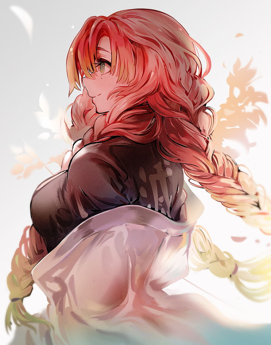 Kanroji Mitsuri Anime Character with Red Braided Hair and Soft Lighting HD phone wallpaper