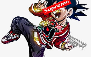Supreme Drip Goku Anime Character Wearing Streetwear and Holding Pistol HD wallpaper